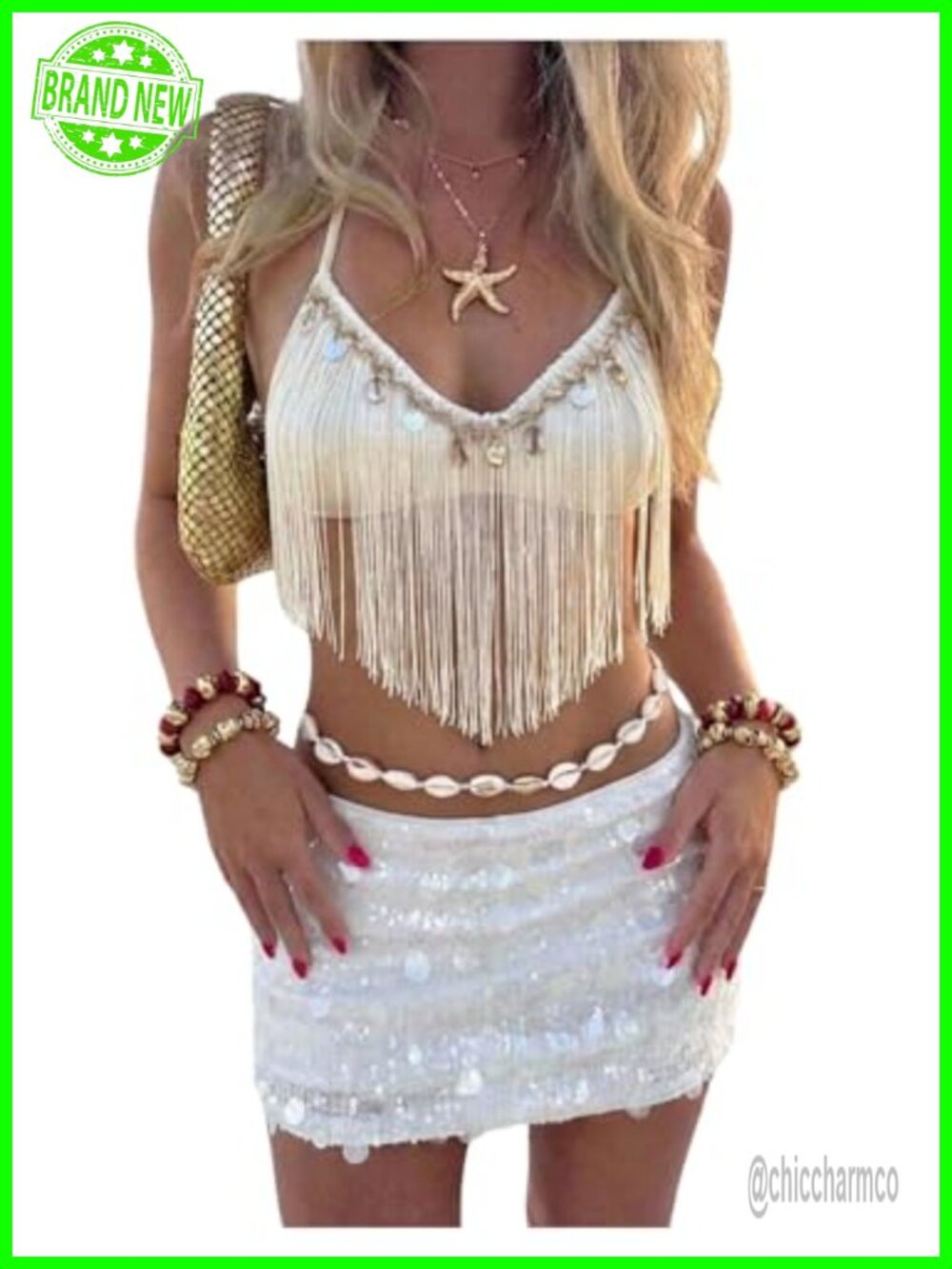Boho Fringe Halter Crop Top Open Back Seashell Beach Concert